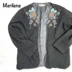 a890 メリレーン ビーズ刺繍カーディガン 黒 バラ柄 M ヴィンテージ 昭和