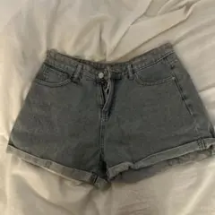 ロールアップへムハイウエストデニムショートパンツ［at1293］