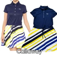 キャロウェイ　ゴルフウェア半袖ワンピース　ロゴ刻印ボタン　ネイビー
