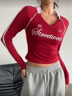 赤 ストリートウェア Vネック 長袖Tシャツ