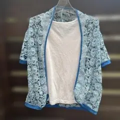 ももたろう様専用◆水色と青色コントラストが素敵な花レース編みカーディガン♪