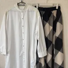 HUNCH 白シャツ&チェックロングスカート2点SET