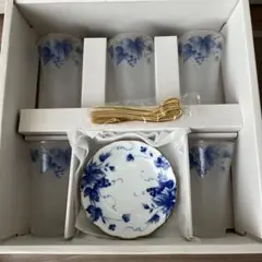 （新品）青いブドウデザイン食器セット（グラスコップ＆フォーク&小皿各5、大皿1）