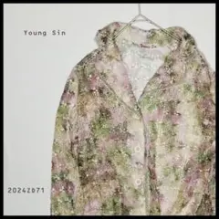 Young Sin　総柄　メッシュ　ジャガードシャツ　カラフル　オープンカラー