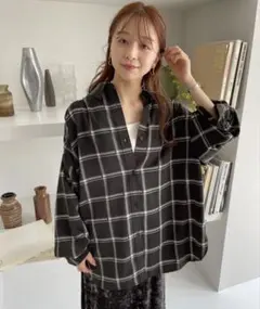LOWRYS FARM チェックチュニックシャツ 長袖 ビッグシルエットブラックのサムネイル