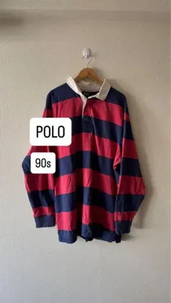 古着 90s ラルフローレン ボーダー 長袖 ポロシャツ 赤 ネイビー