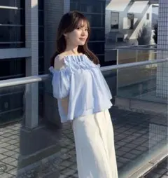 ♡GRL♡オフショルダーフリルシアーブラウス[fo2125]ライトブルーのサムネイル