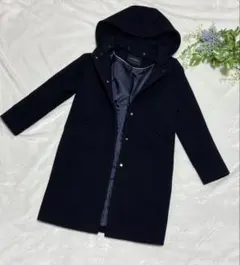 【美品】green label relaxingウールコート　フード通勤通学濃紺