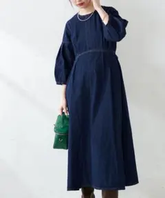 natural couture 袖タックデザインデニムワンピース　ブルー　ロング