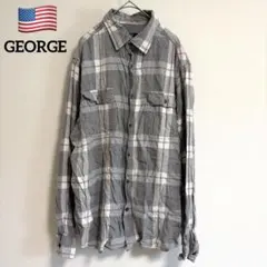 GEORGE ジョージ 長袖 チェックシャツ ネルシャツ グレー レーヨン XLのサムネイル