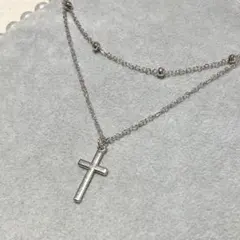 シルバーカラーボールチェーンクロスチャーム十字架ロザリオ2連ネックレス