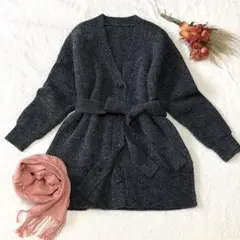 ViS ベルト付き　ニットカーディガン　チャコールグレー　ゆったり長め