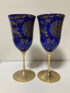 青色の花柄ワイングラス 2個セット