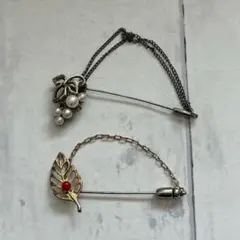 ヴィンテージピンブローチ2個セット パール リーフ シルバー ゴールド