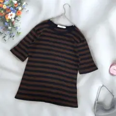 《AMERICAN HOLIC》 五分袖ボーダーTシャツ M ブラウン リブ編み