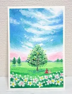 おだやかな午後　オイルパステル画　ハガキサイズ　原画のみ#160