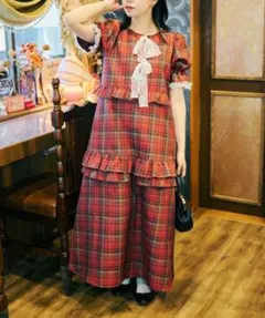 【クティールとレトロ】レースリボンチェックフリルワンピース　定価5,995円