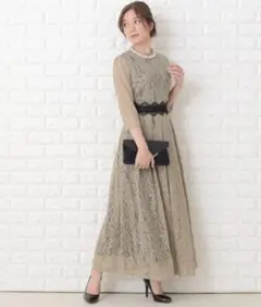 Lace Ladiesドレス 花柄総レースロング丈フレアワンピース　Lサイズ