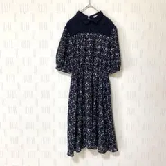 COLZA コルザ　花柄シフォンワンピース　襟付き　膝丈ワンピース　ネイビー　S