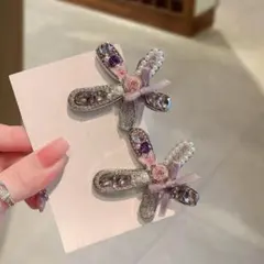 パールラインストーン フラワー ヘアクリップ パープル