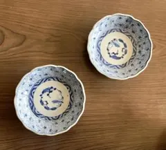 古伊万里 染付 みじん文 輪花なます皿 15cm 和食器 2客