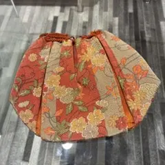 花柄オレンジ系巾着型和装用バッグ