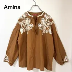 Amina 刺繍ブラウス 長袖プルオーバー リネン混　エスニック インド製のサムネイル