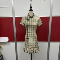 緑と白のチェック柄チャイナドレスS