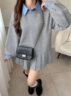 襟付きシャツレイヤード風プリーツワンピース