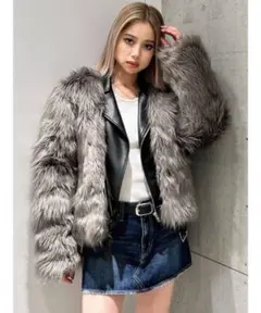GYDA グレー フェイクファー レザージャケット ジェイダ GYDA レイヤードエコファーライダースジャケット