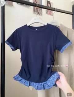 SHEIN ネイビー チェック柄 フリル 半袖 Tシャツのサムネイル