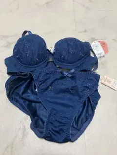 ネイビー 刺繍入り ブラジャーショーツセット