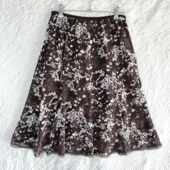 Plidoul ひざ丈フレアスカート シフォン素材 ブラウン系 花柄 サイズ7