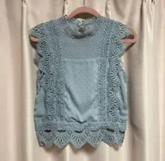 ライトブルー レースタンクトップ 水色 レース装飾 ノースリーブトップス