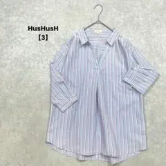 a2374＊HusHusH ストライプスキッパーシャツ　ブルー【3】7分袖