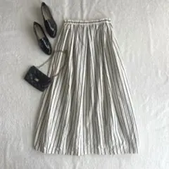 OTOAA コットン リネン ストライプ バルーン ロングスカート