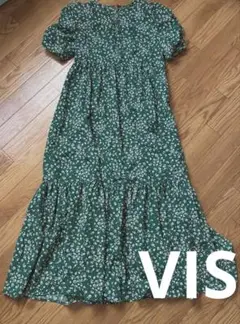 VIS 小花柄ワンピ ふんわり 体型カバー グリーンロングワンピース