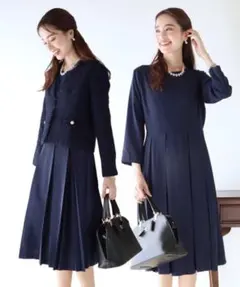 ミックスツイードカラーレスジャケット×ボックスプリーツシフォンワンピース