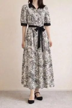 ワンピース ロング 半袖 モノトーン リボン付き 3L 大きいサイズ きれいめ