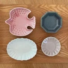 新品4点セット　美濃焼　鳥型 プレート　オーバル皿　八角 小皿　豆皿　ピンク