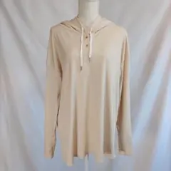 レディース フード付き リブカットソー ベージュ 長袖 パーカー風トップス