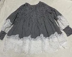 ギンガムチェック　バルーンスリーブブラウス　レース　FREE