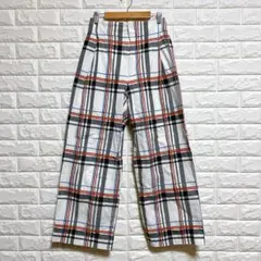 イネド 9号 ワイドパンツ チェック柄 白黒 通勤 綿 日本製
