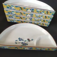 有田焼★半月皿 花鳥文5枚揃 え未使用‼️仕切皿 銘々皿 黄色