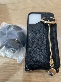 iPhone13mini スマホケース　ブラック　ショルダーストラップ付き