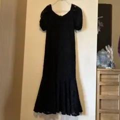黒 レース パフスリーブ ロングワンピース