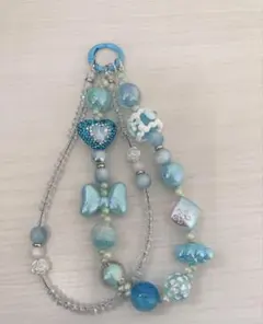 ビーズ キーホルダー ハンドメイド ブルー リボン ハート