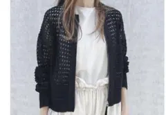 美奈代セレクト 袖透かし編みニットブルゾン　ネイビー