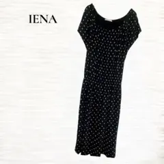 イエナ/半袖ワンピース/ドット柄/バックリボン/フレア/ひざ丈/ネイビー/透け感