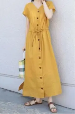 SHIPS リネンVネックワンピース　イエロー系